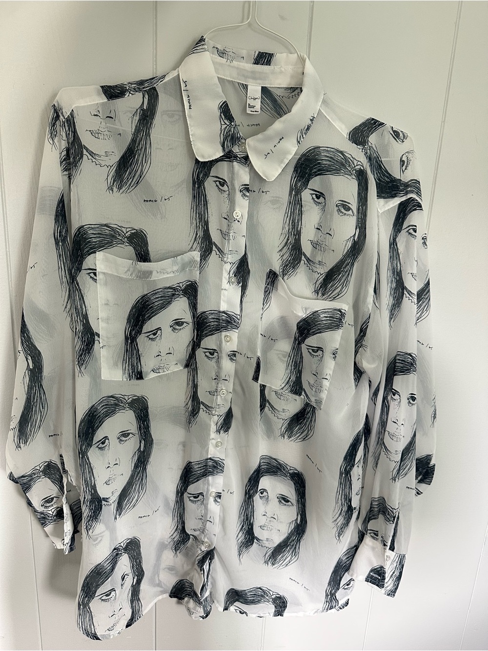 American Apparel White Chiffon Blouse with Faces Print